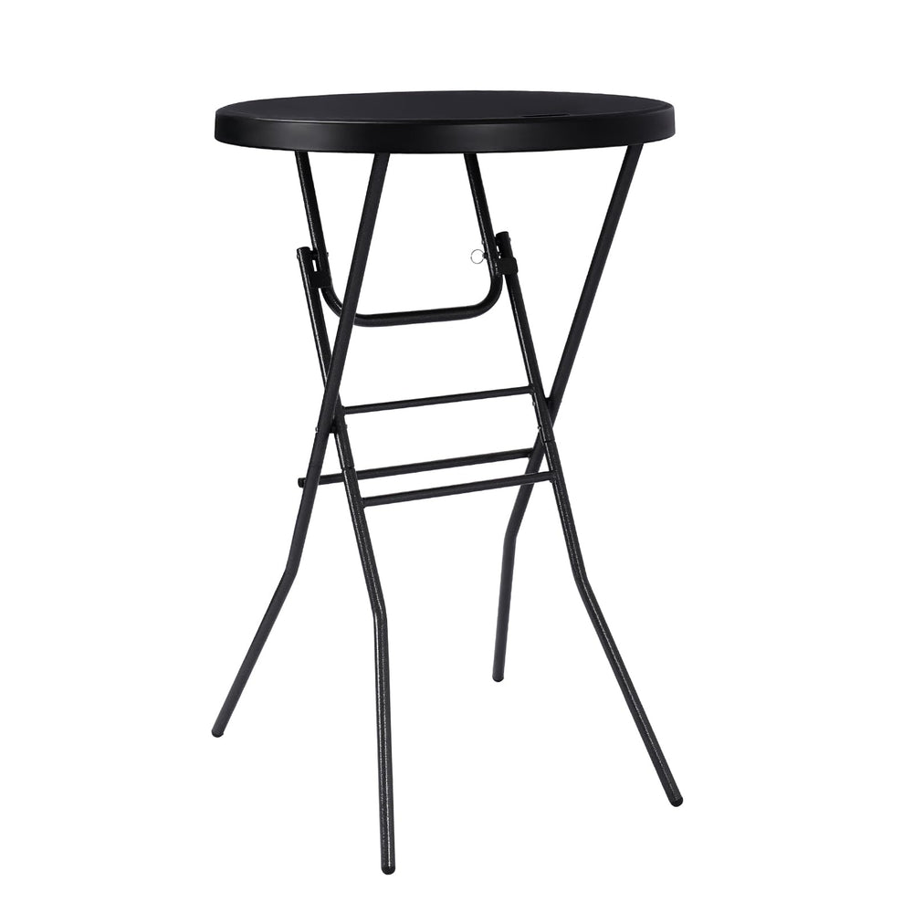 pollilar front view cocktail table showing sleek black tabletop and stable frame benefit portability
