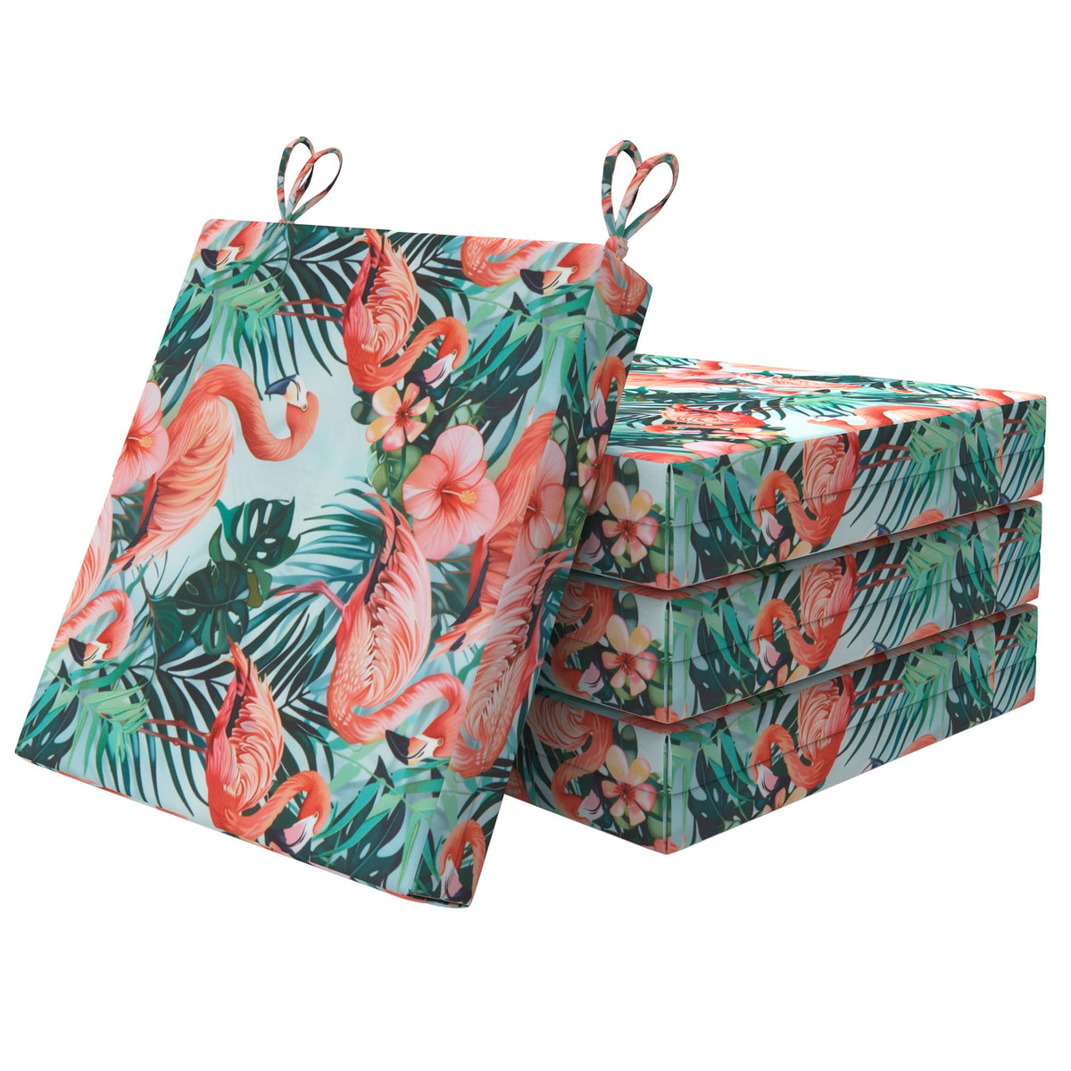 Polyaround front view of pink flamingos cushion showing pattern and fit