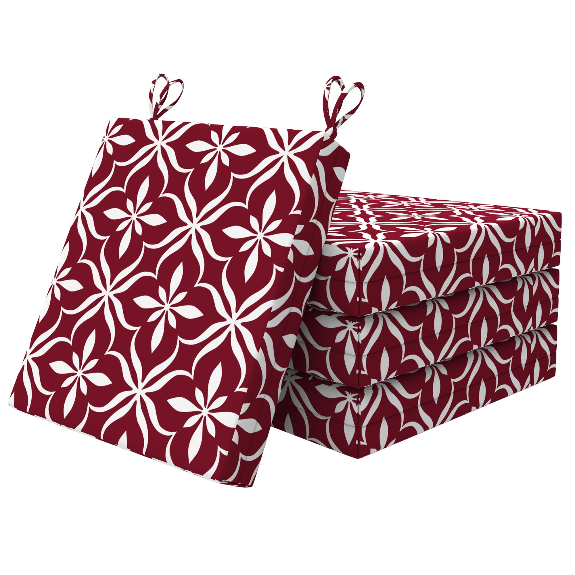 Polyaround front view of four trellis red cushions showing pattern and neat fit