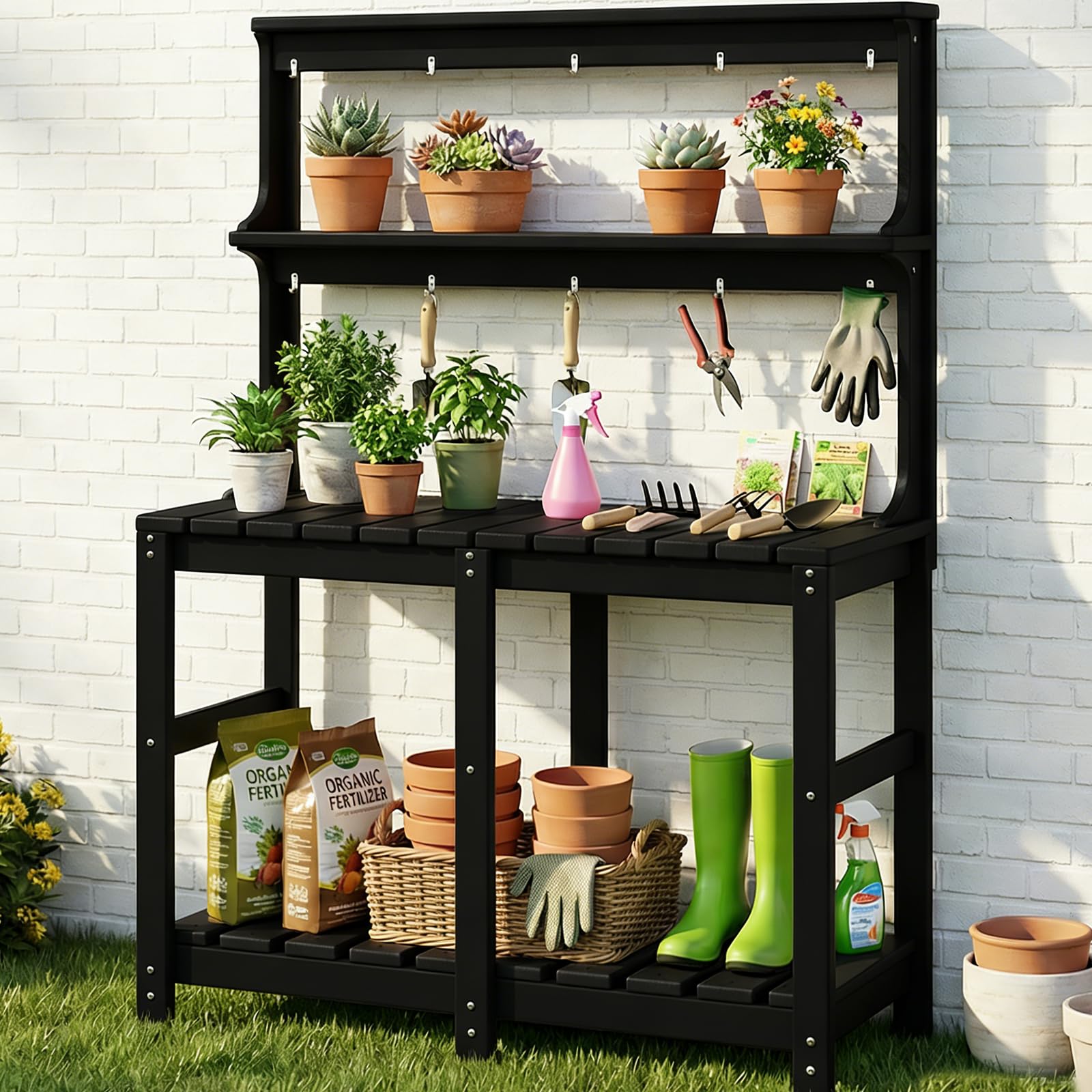 Polyhouz front view of potting bench showing durable work surface and storage benefit