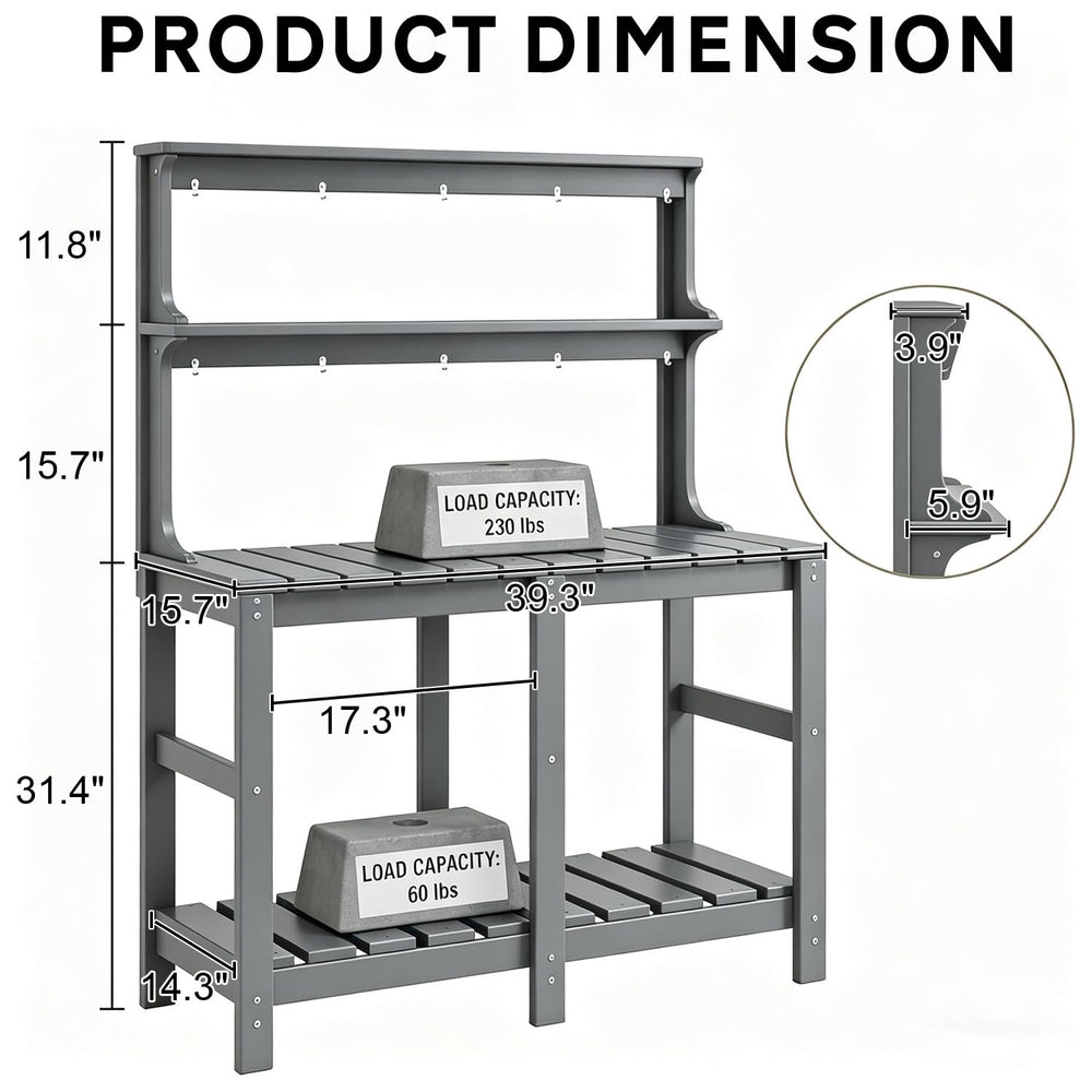 Polyhouz potting bench placed on patio in garden scene demonstrating weatherproof durability