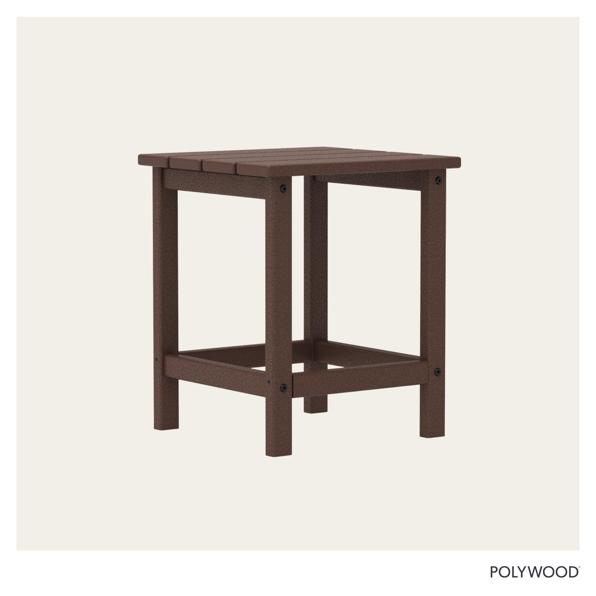 Close-up of Polywood stainless steel hardware on mahogany table showing corrosion resistance