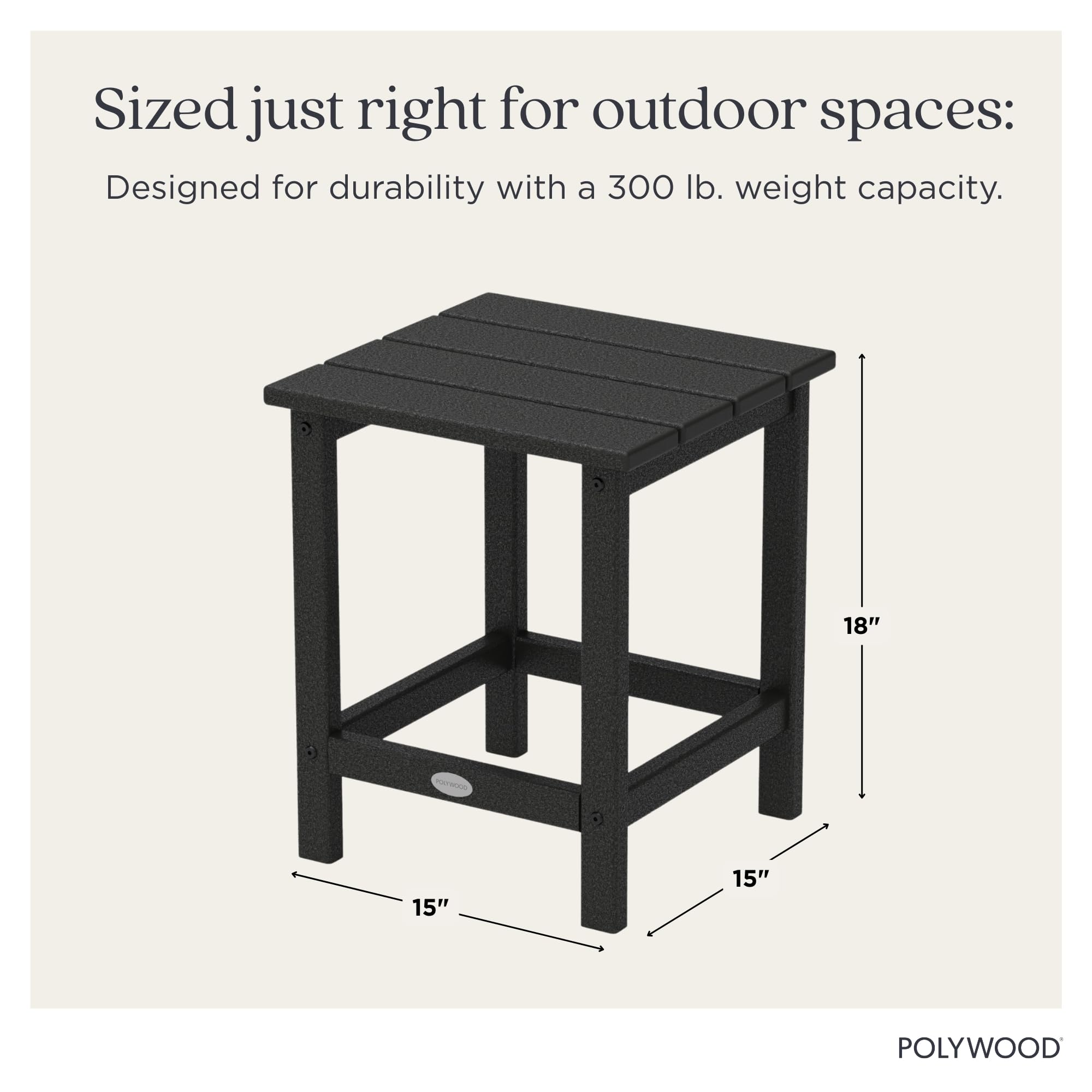 POLYWOOD side table holding drinks and speaker showing convenience outdoors