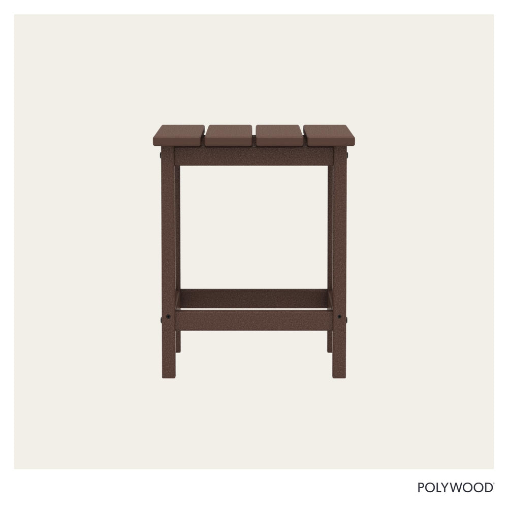 Polywood table next to Adirondack chair showing proper height and convenient reach