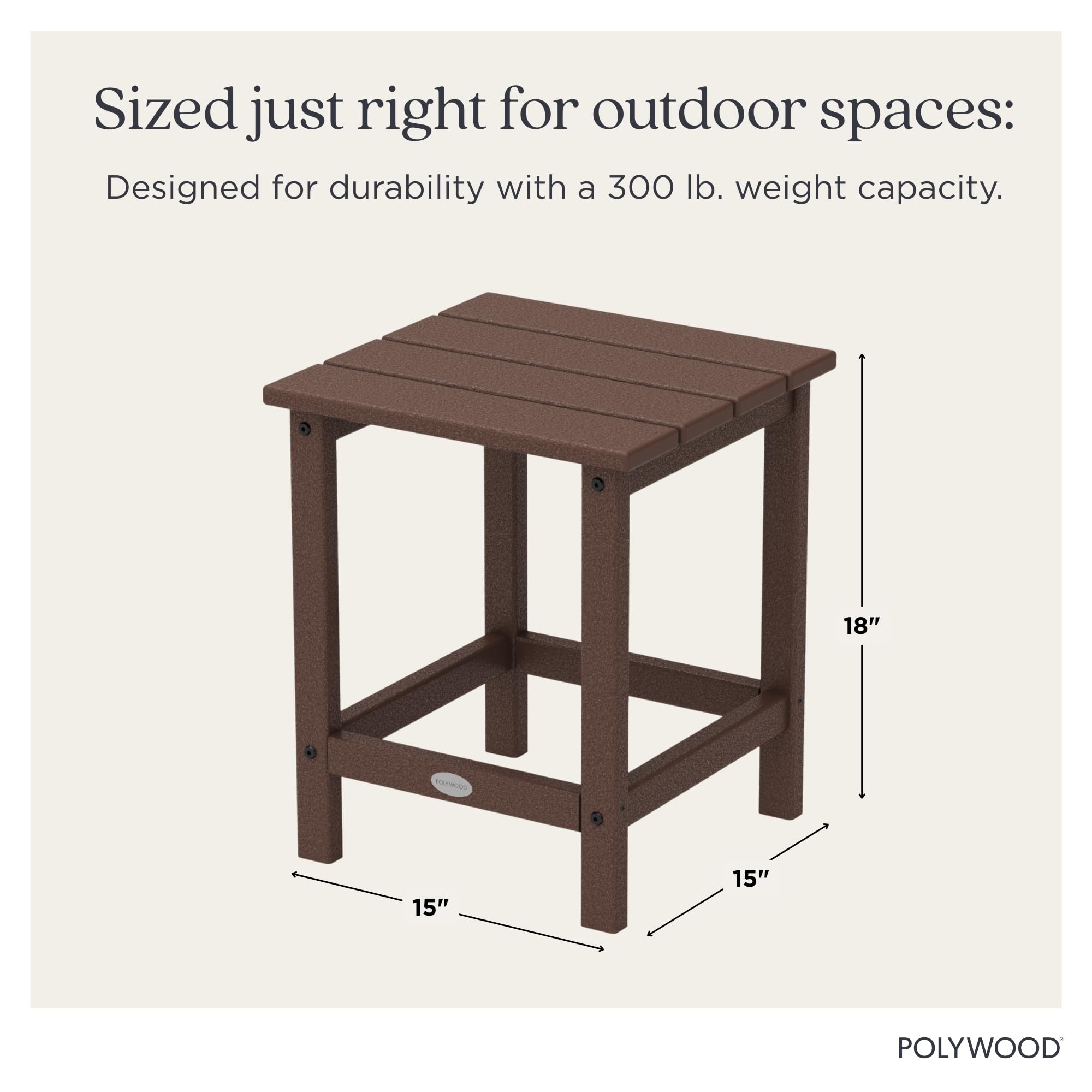 Side profile of Polywood Long Island table in mahogany showing compact footprint and stability