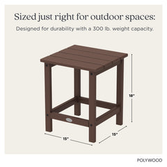 Side profile of Polywood Long Island table in mahogany showing compact footprint and stability