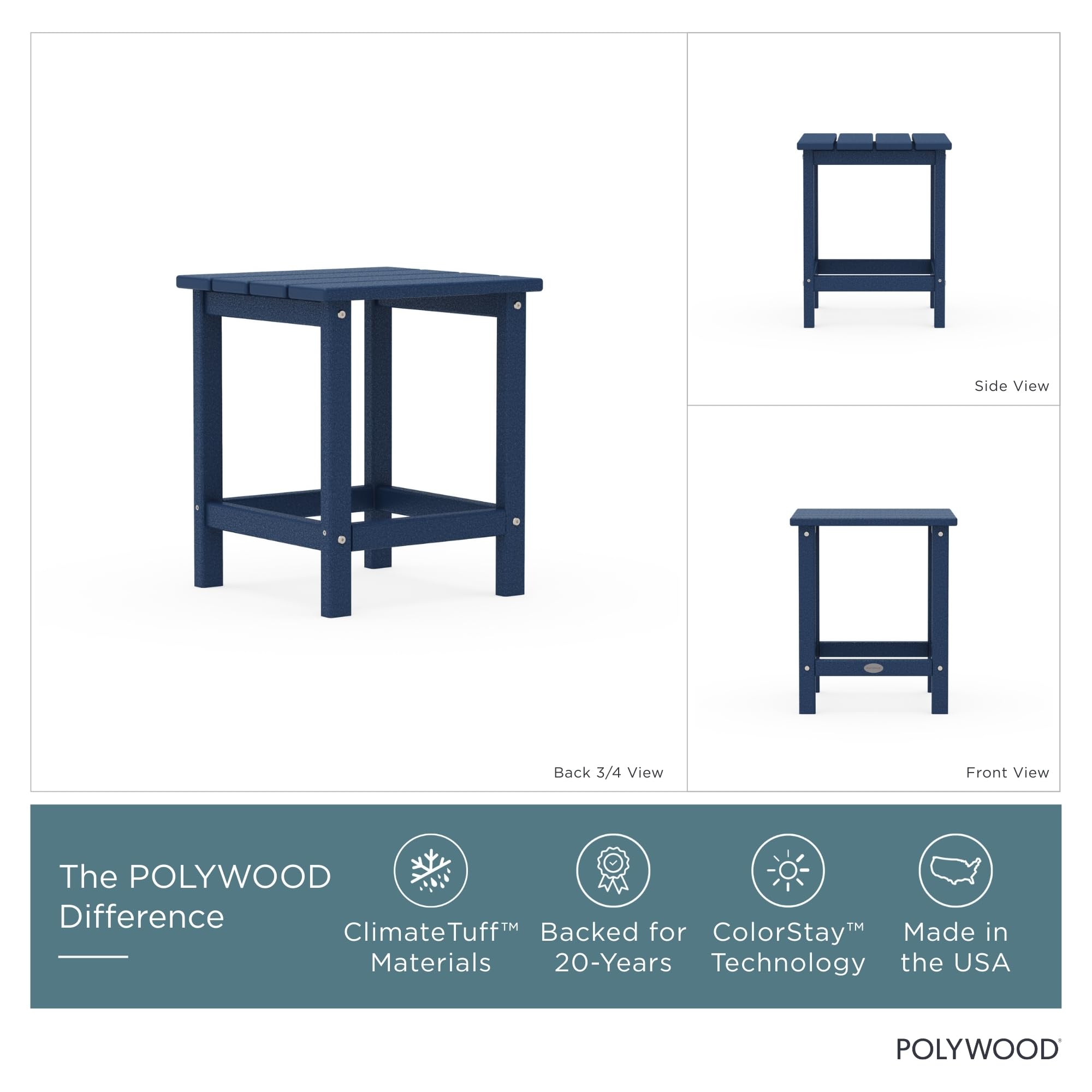 Polywood side profile of table illustrating stable construction and compact footprint