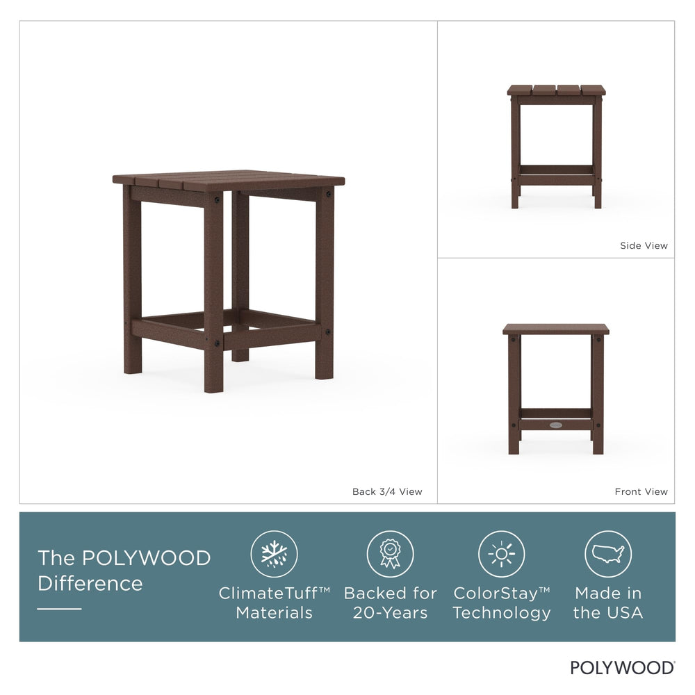 Polywood side table top close-up in mahogany highlighting smooth surface and low maintenance