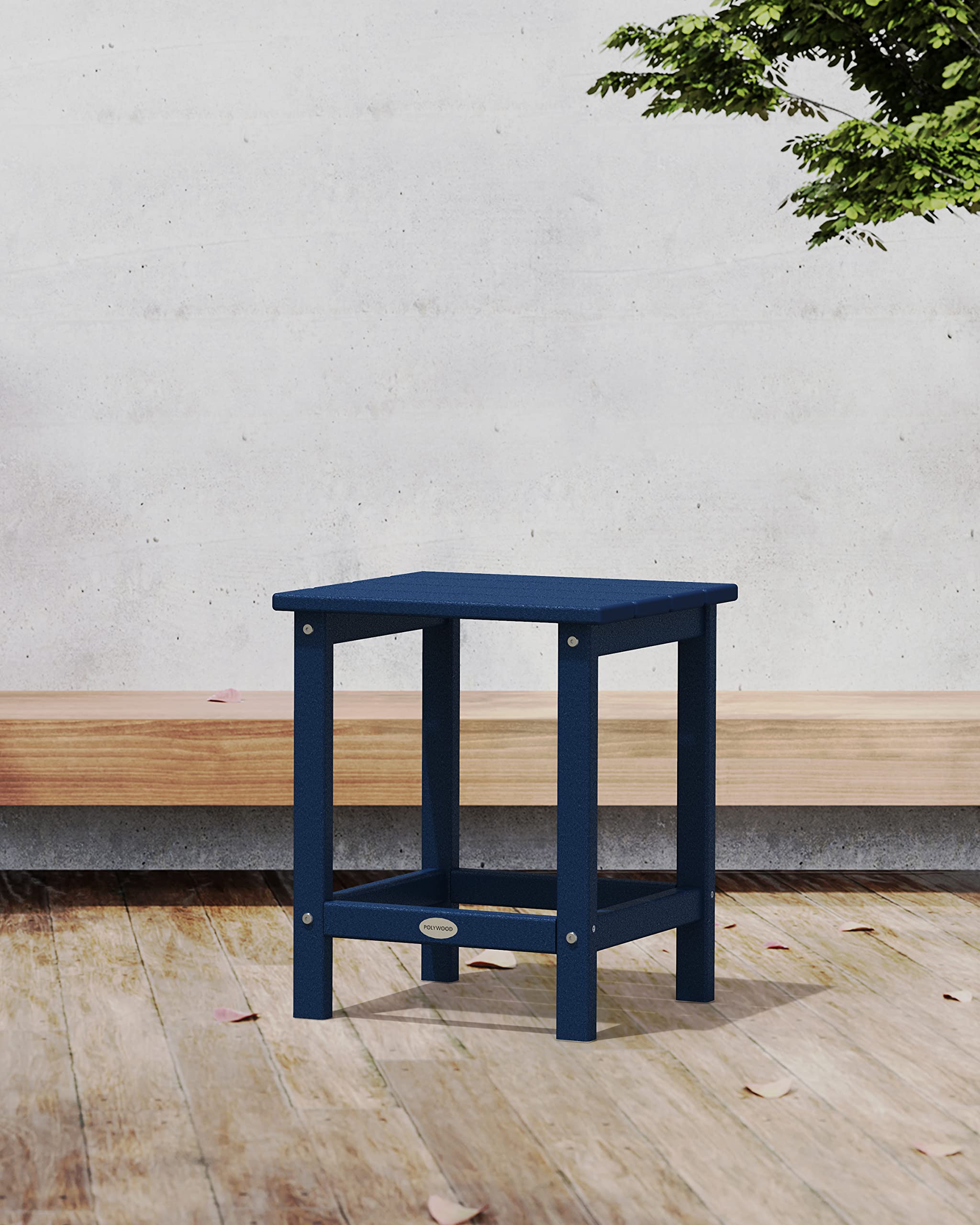 Polywood close-up of full-slat tabletop showing navy finish and water-shedding benefit