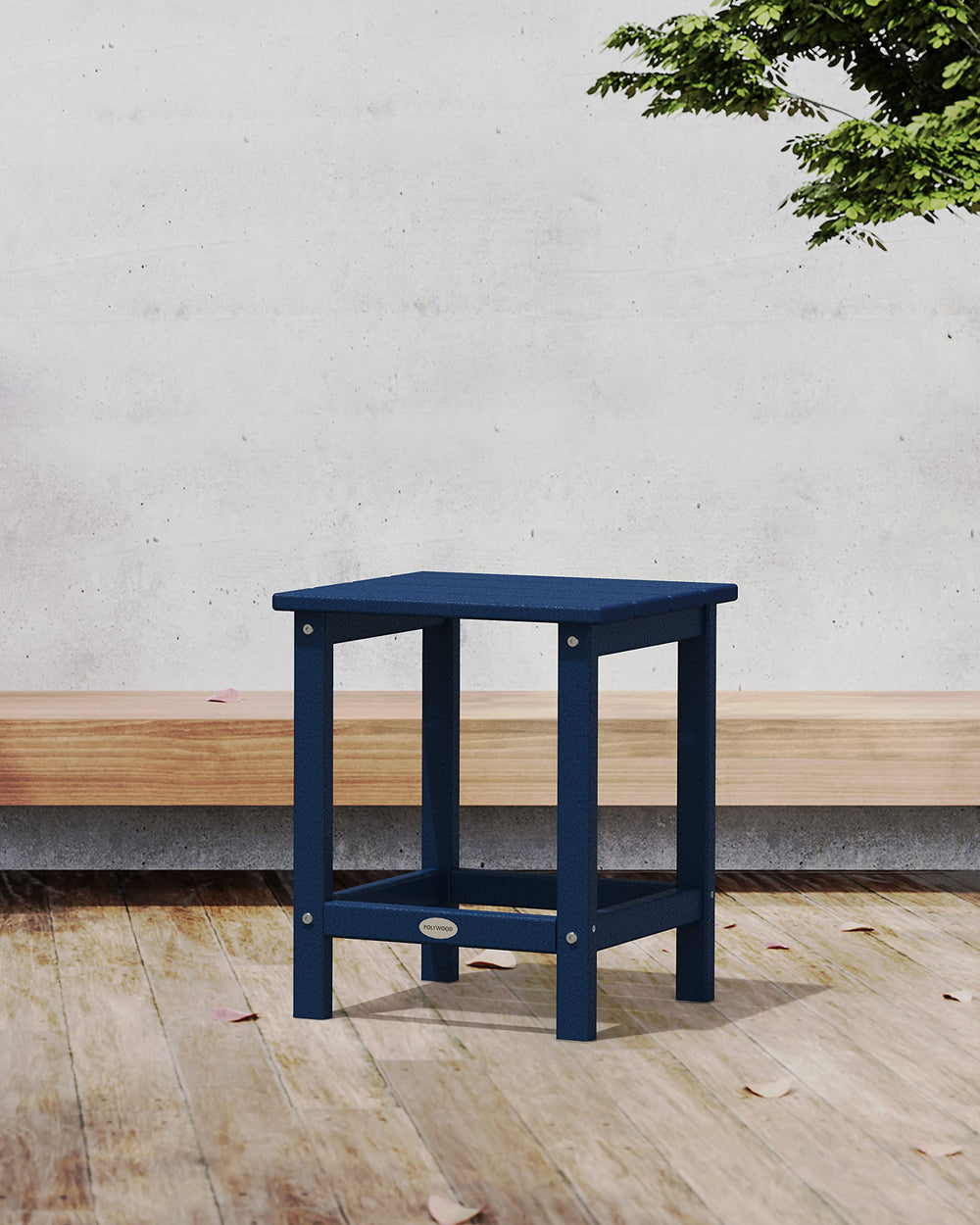 Polywood close-up of full-slat tabletop showing navy finish and water-shedding benefit