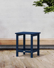 Polywood close-up of full-slat tabletop showing navy finish and water-shedding benefit