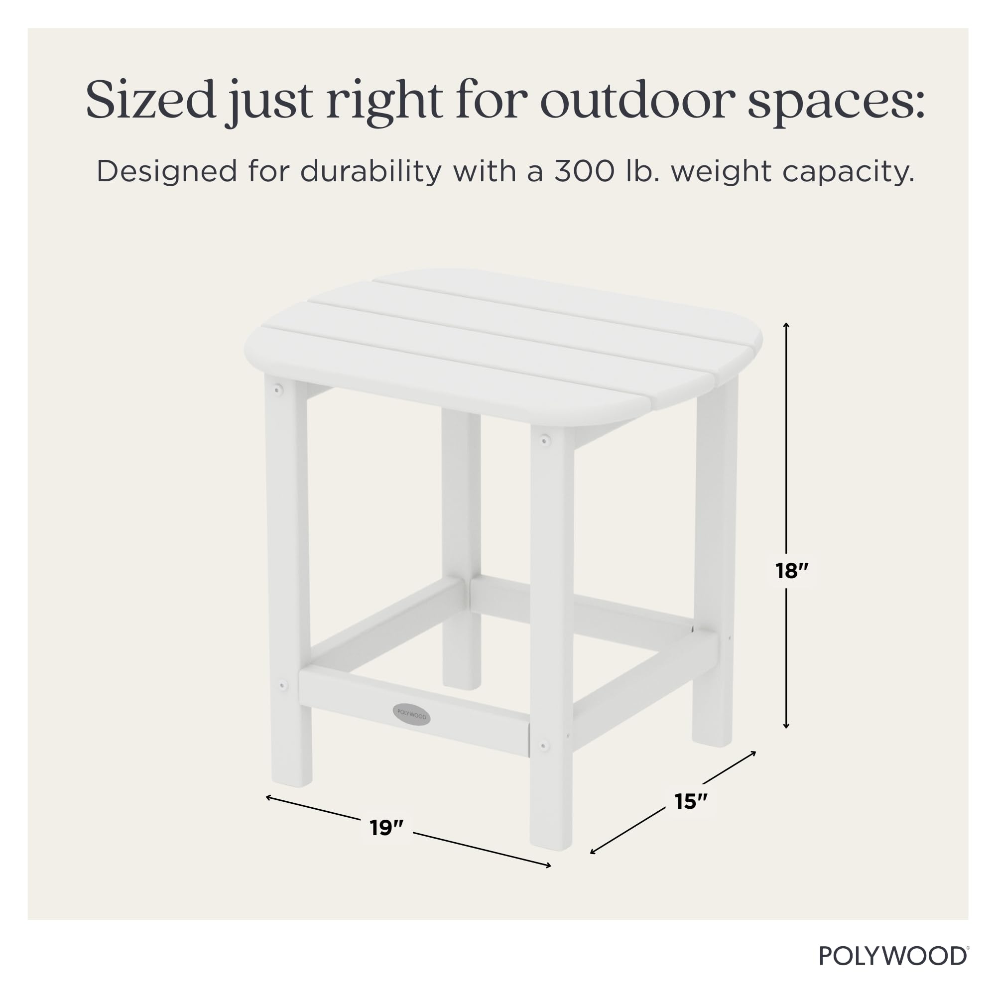 POLYWOOD white table beside Adirondack chair demonstrating coordinated outdoor styling