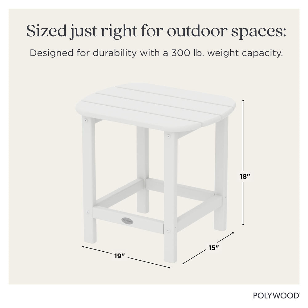 POLYWOOD white table beside Adirondack chair demonstrating coordinated outdoor styling