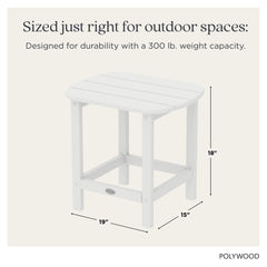POLYWOOD white table beside Adirondack chair demonstrating coordinated outdoor styling