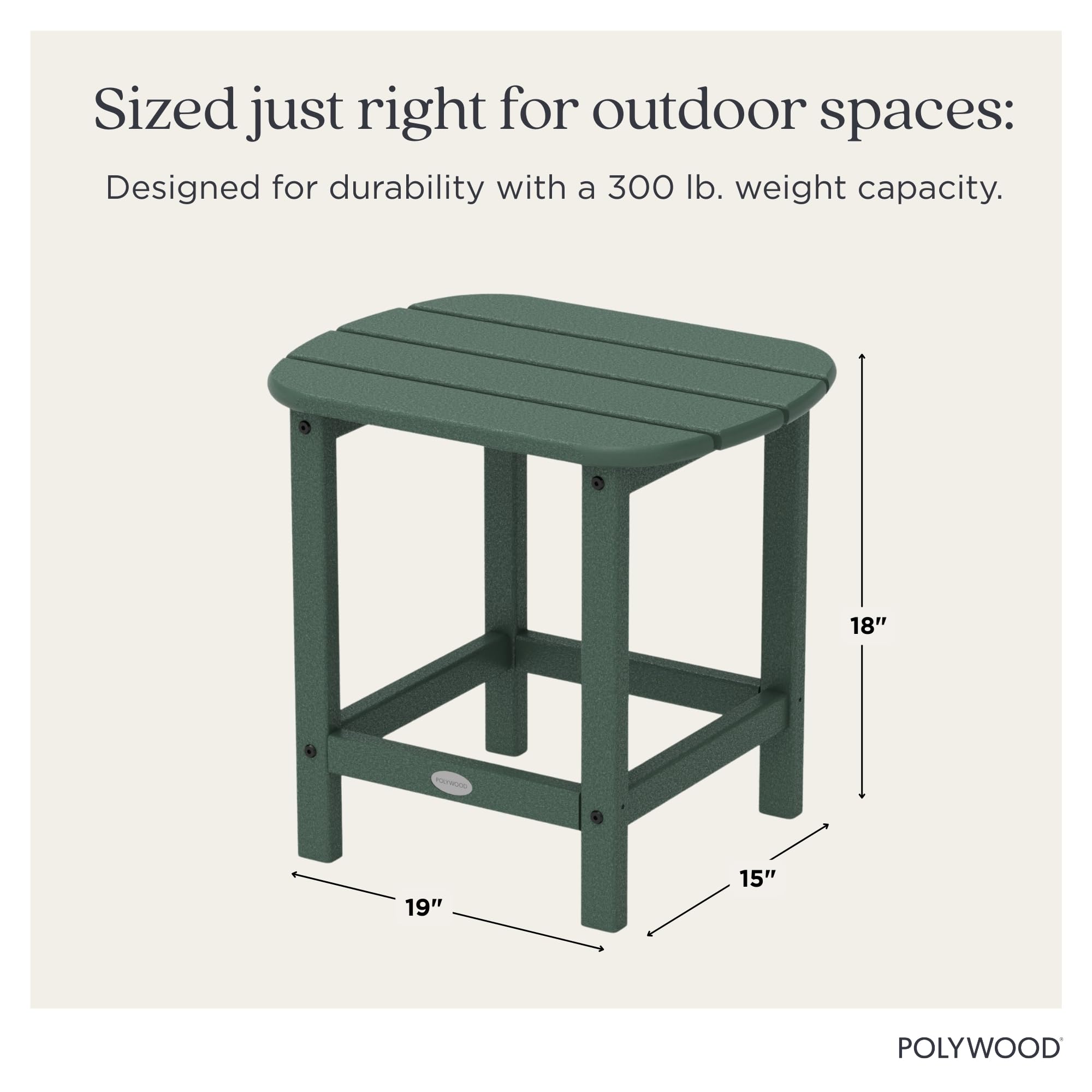 POLYWOOD table beside Adirondack chair illustrating matching set and convenient reach for drinks