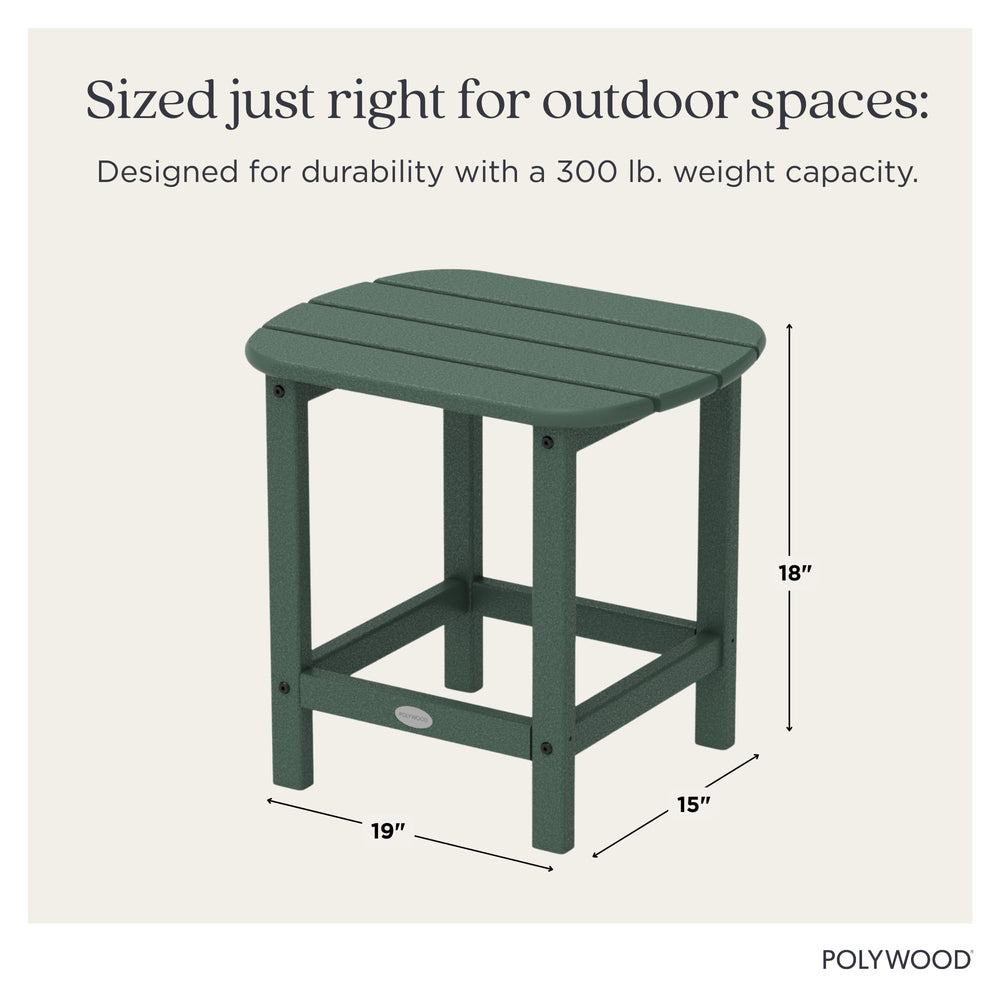 POLYWOOD table beside Adirondack chair illustrating matching set and convenient reach for drinks