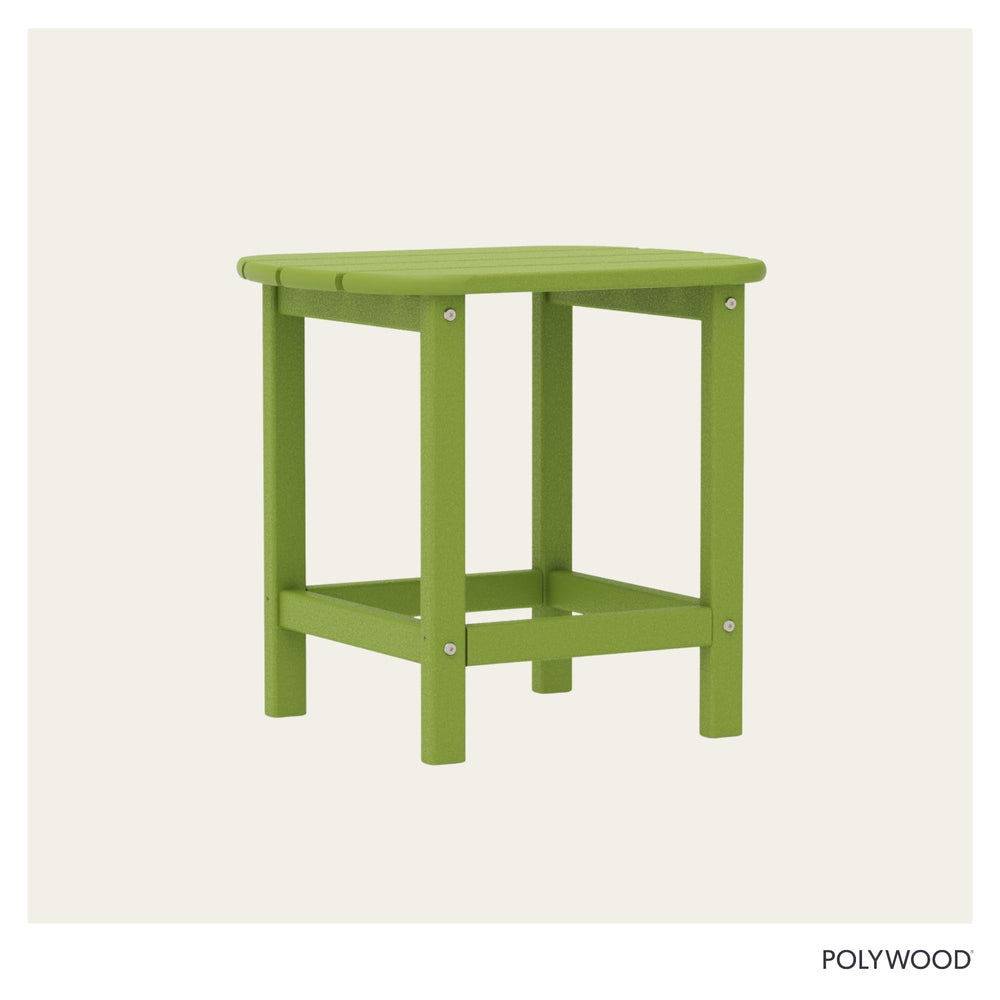 POLYWOOD lime table next to South Beach Adirondack chair demonstrating perfect companion fit