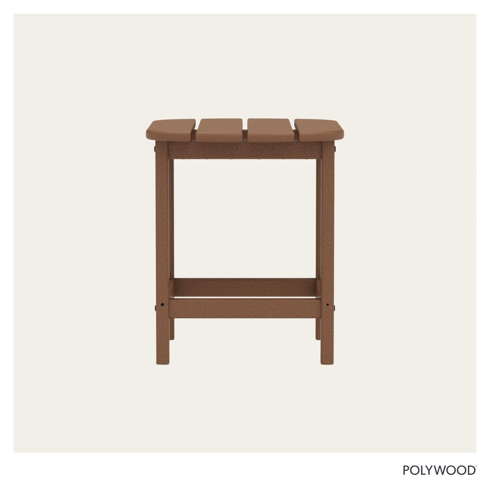 Polywood side table with common objects for scale showing compact dimensions