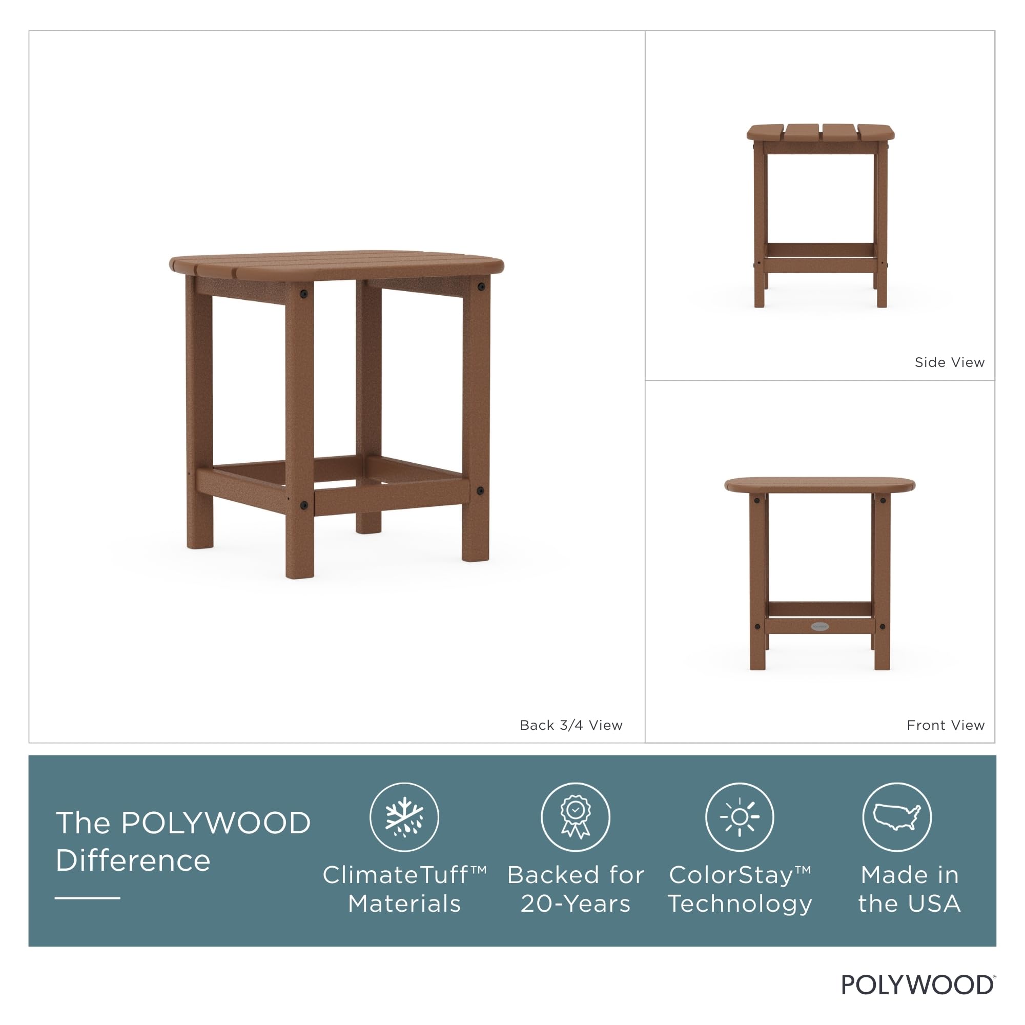Polywood side table side profile demonstrating compact shape and stable base