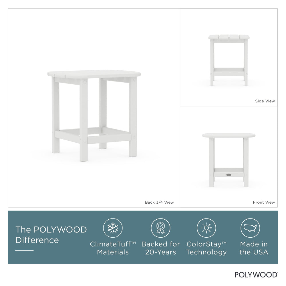 POLYWOOD side profile illustrating compact shape and stable construction for patio use