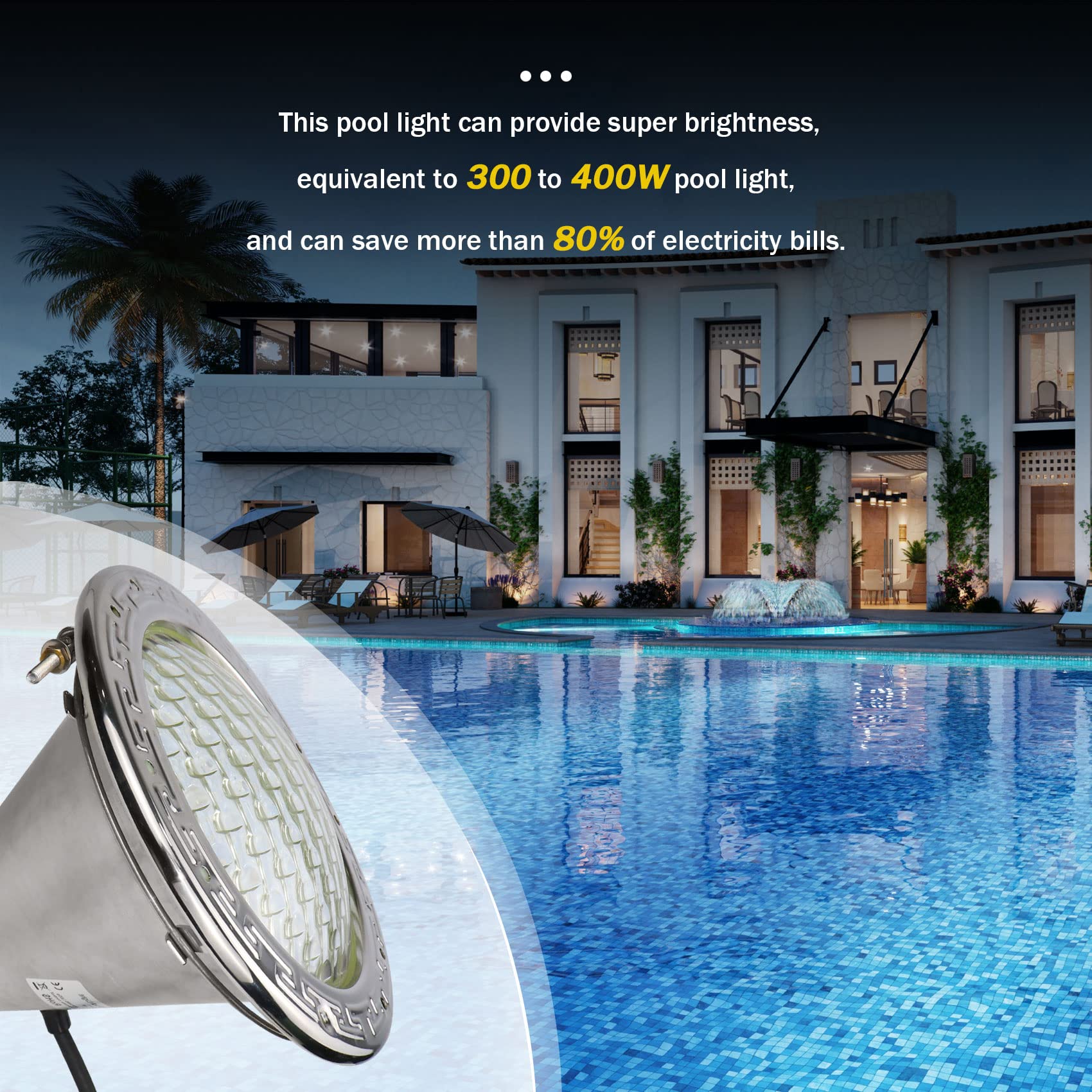 Pomeade installed in a pool demonstrating IP68 waterproof protection and bright illumination