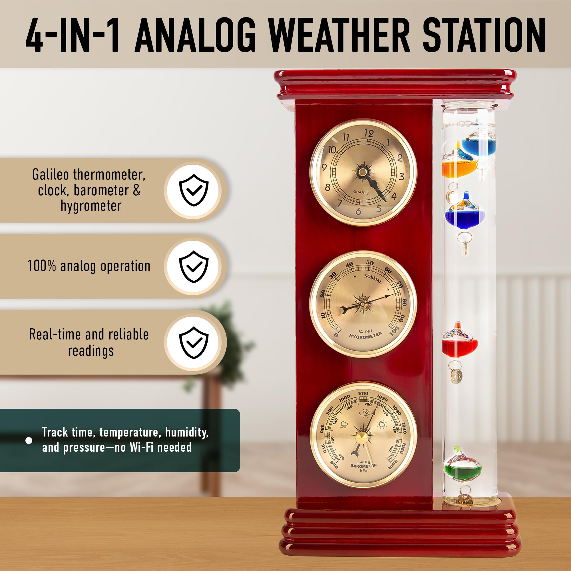 POMPOJUNGLE Galileo thermometer close-up with colorful floats for intuitive temperature display