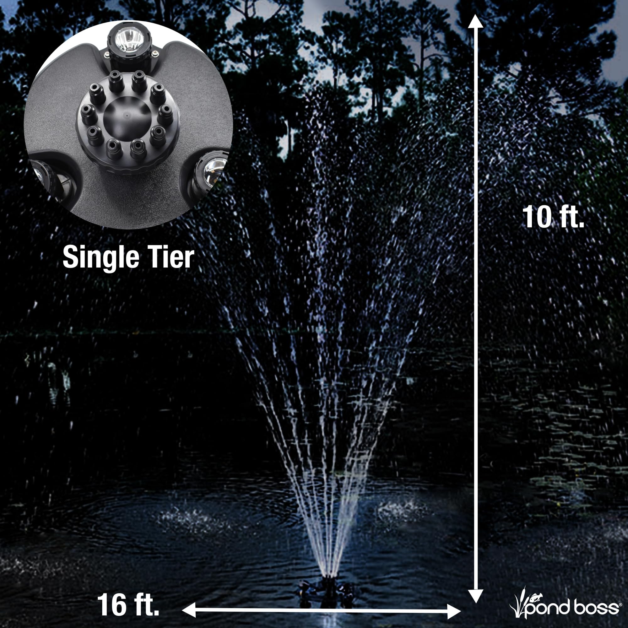 POND BOSS fountain lit at night with LEDs highlighting aesthetic enhancement