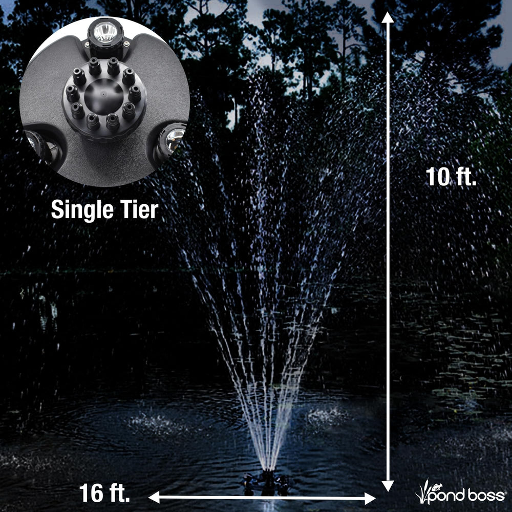 POND BOSS fountain lit at night with LEDs highlighting aesthetic enhancement
