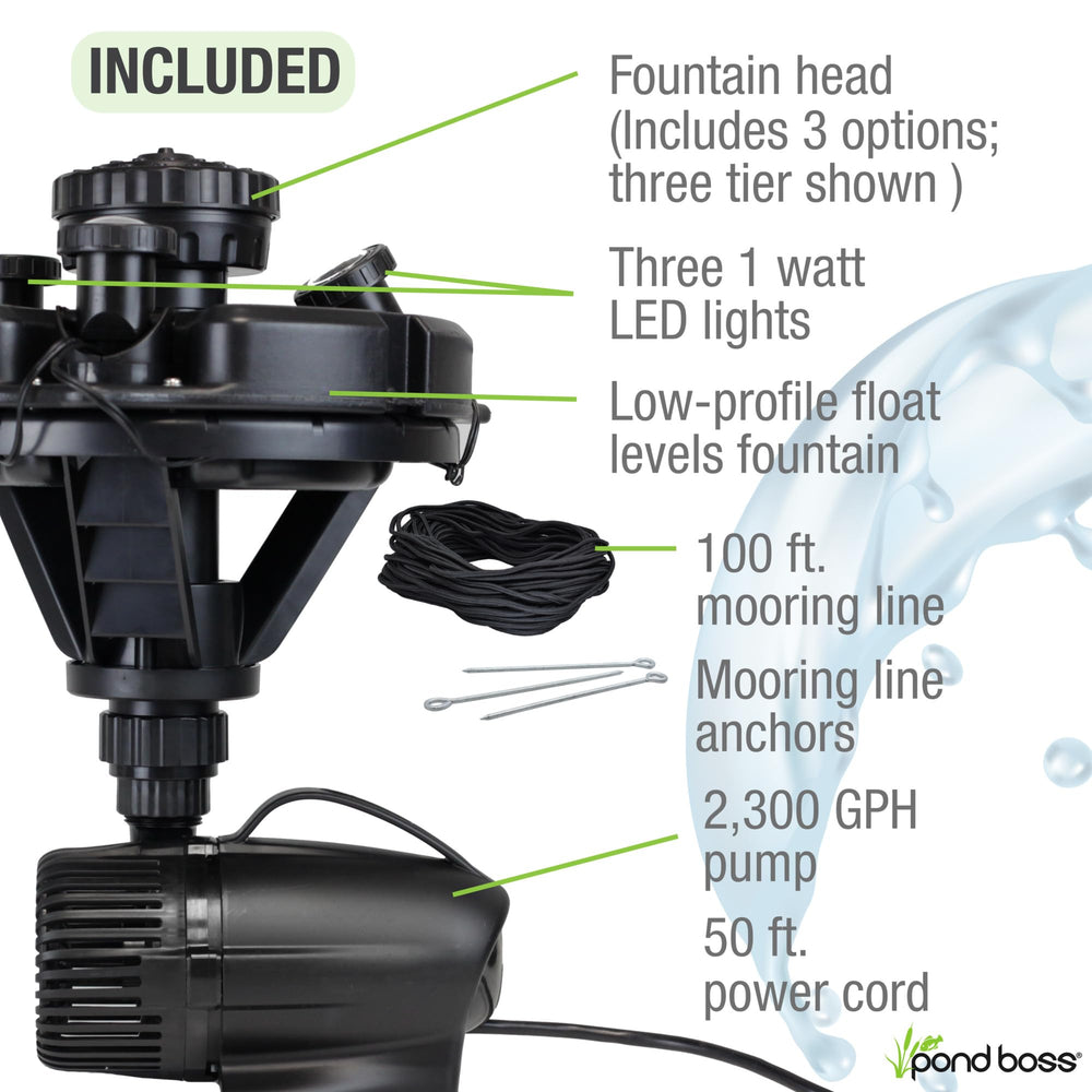 POND BOSS close-up of LED lights illuminating spray for nighttime visibility