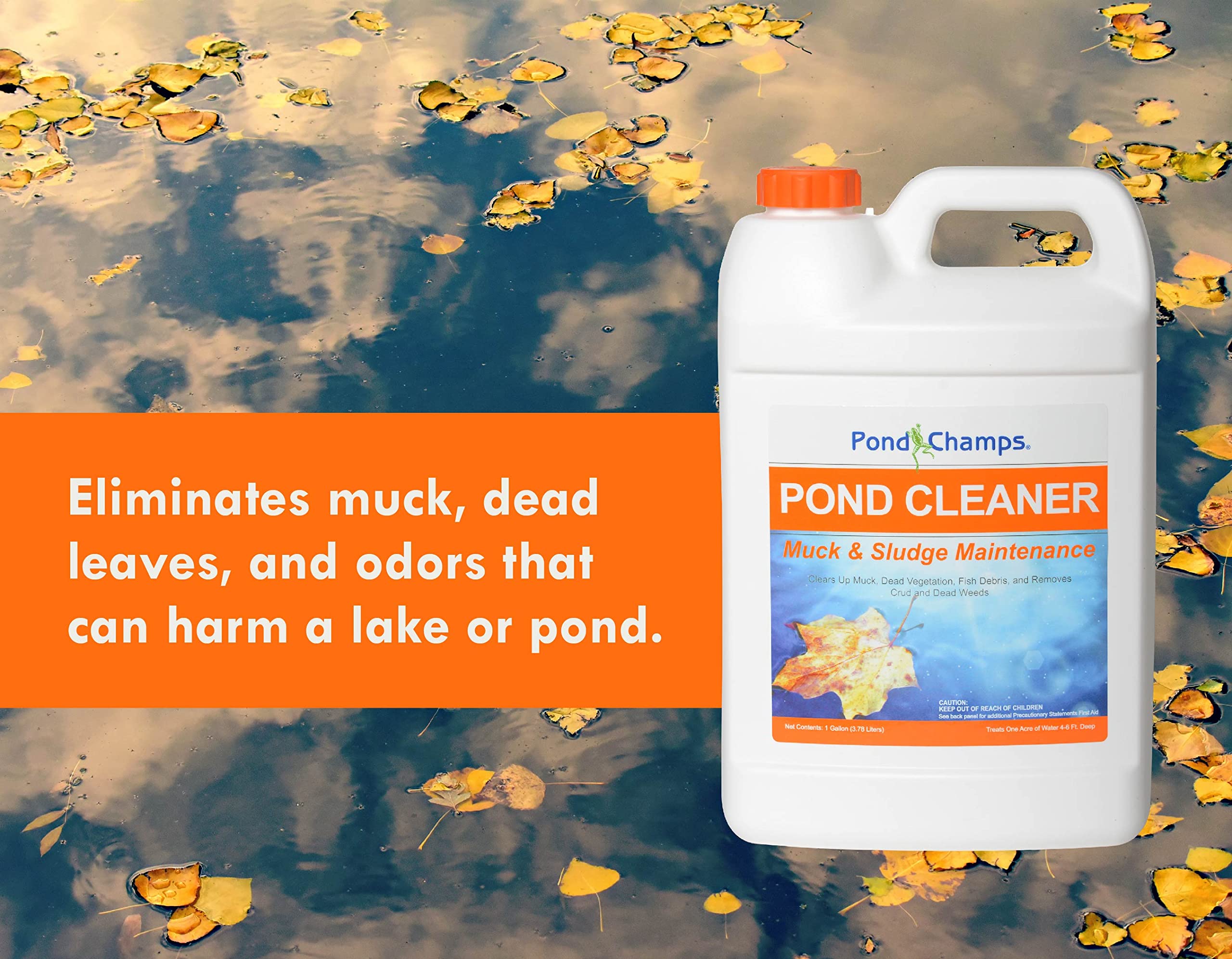Pond Champs one-gallon bottle next to ruler showing size and coverage benefit
