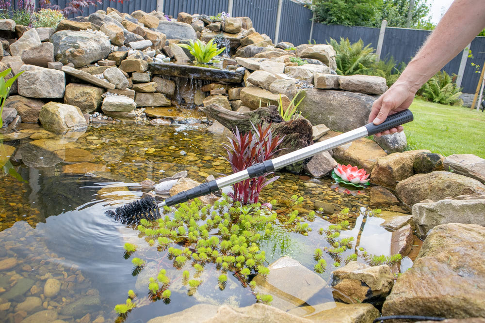 Pond H2o brush scrubbing pond rocks to remove string algae and scum