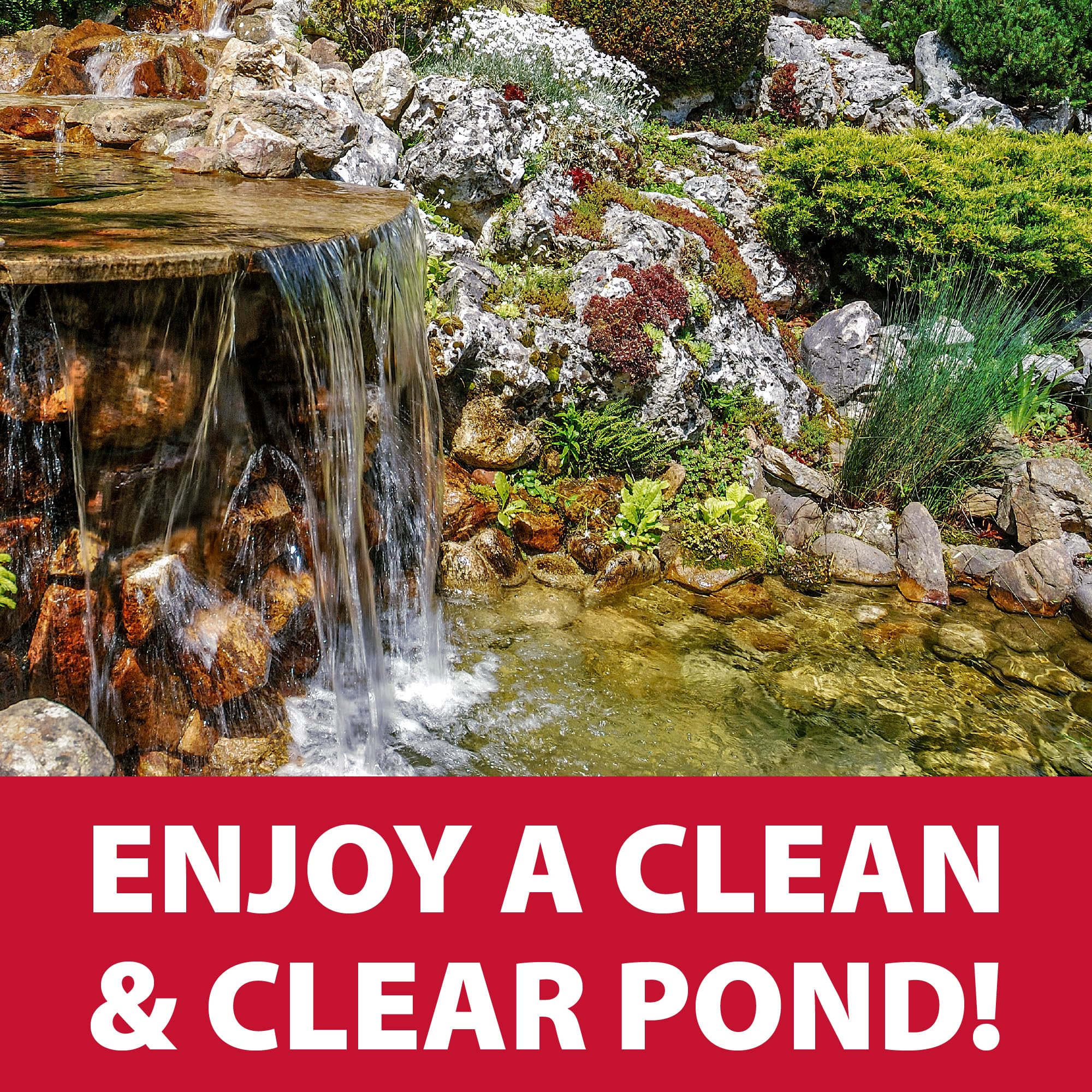 Pond Logic in waterfall setting showing clearer water and landscaped benefit