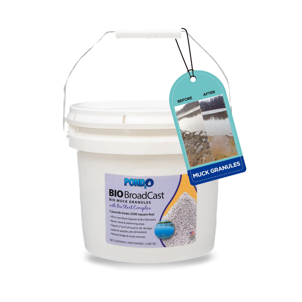 Pond2O front packaging showing bio muck granules and clear-surface benefit