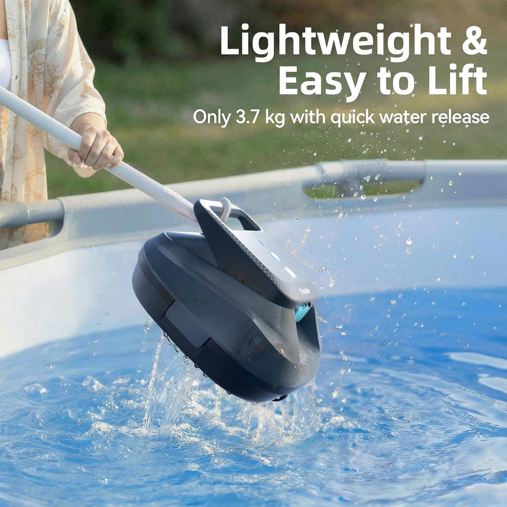 Pondee X2 poolside lifestyle shot showing cleaner ready-to-use and time‑saving benefit