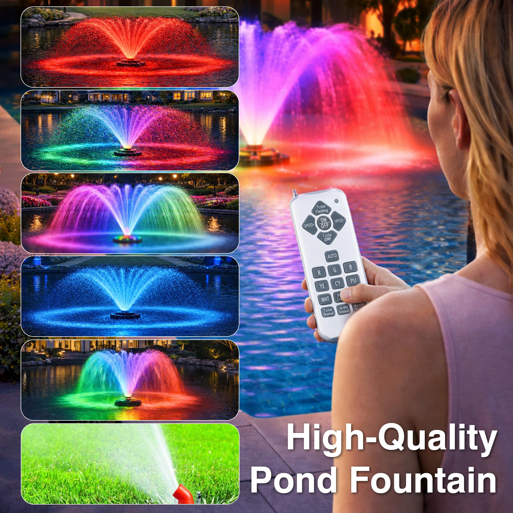 Pondvita LED multicolor illumination at night creating vibrant pond ambiance
