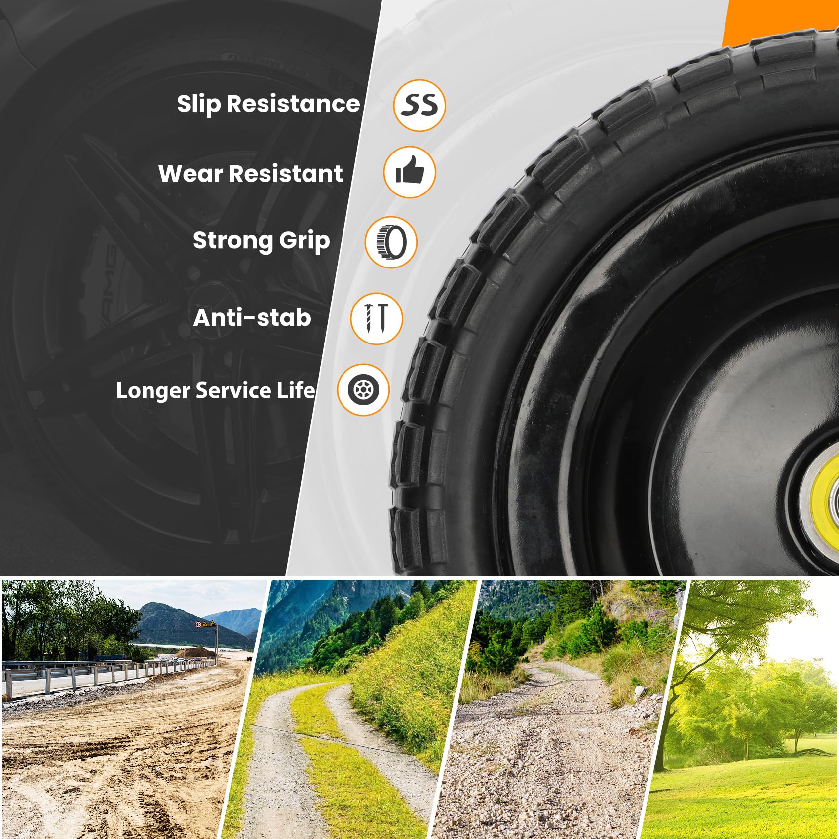 Pontuss 13" wheel installed on a garden cart demonstrating puncture-proof reliability