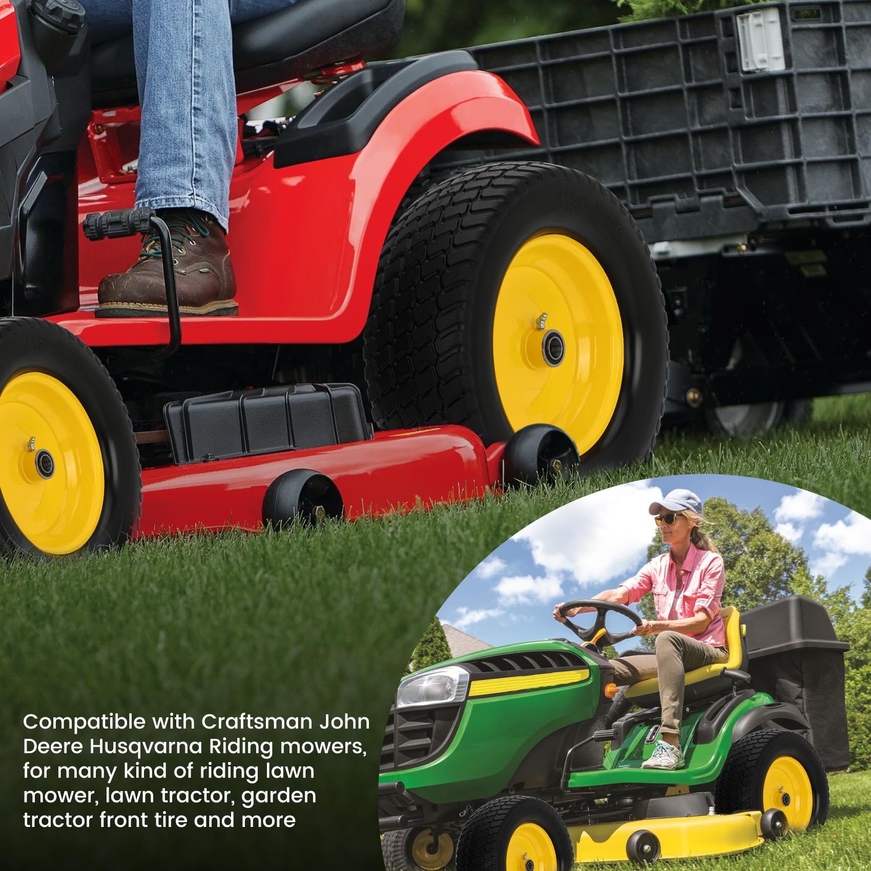Pontuss wheel on lawn tractor in yard highlighting low-maintenance mowing benefit