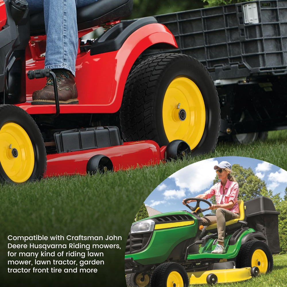 Pontuss wheel on lawn tractor in yard highlighting low-maintenance mowing benefit