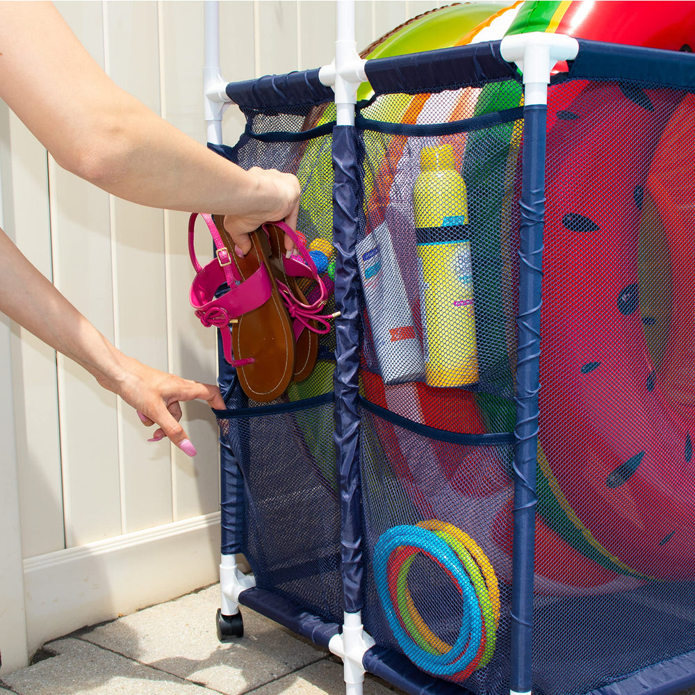Pool Bins assembled next to chair showing full-size dimensions for planning