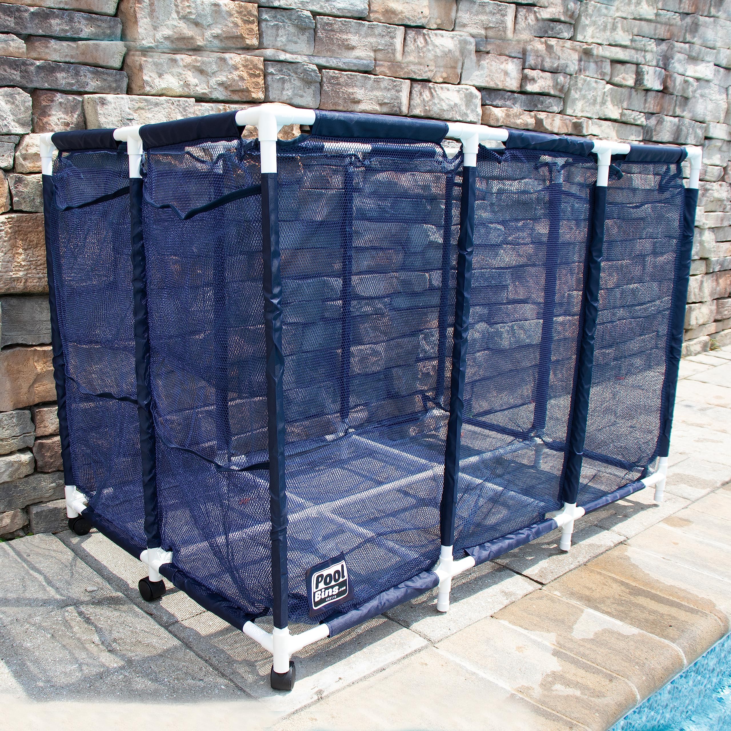 Pool Bins close-up of mesh and PVC frame highlighting durability and airflow benefit