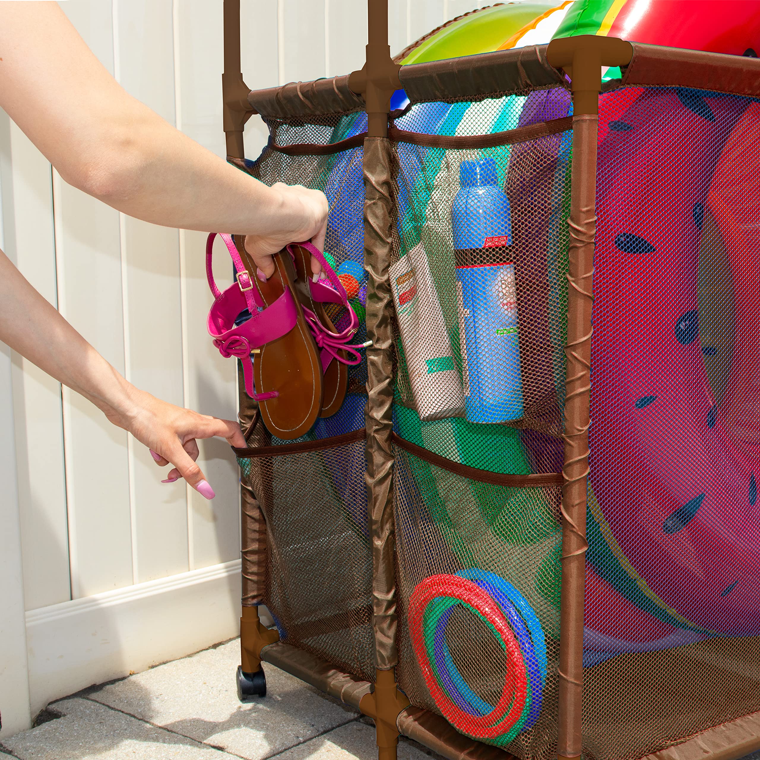 Pool Bins close-up of weather-resistant mesh and PVC frame highlighting durable construction