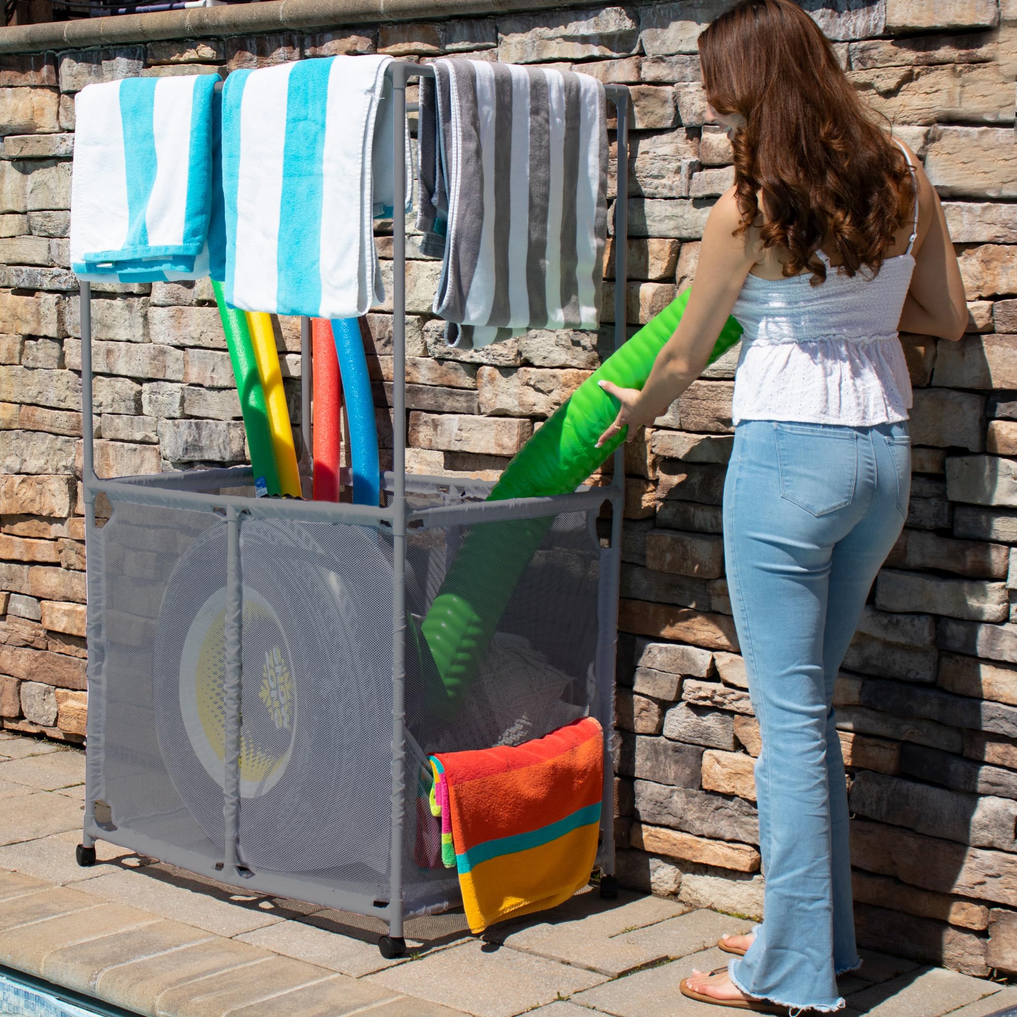 Pool Bins close-up of UV-resistant mesh highlighting durable ventilation benefit