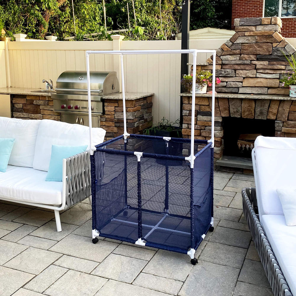 Pool Bins filled with towels and toys showing large 14.5 cu ft capacity benefit