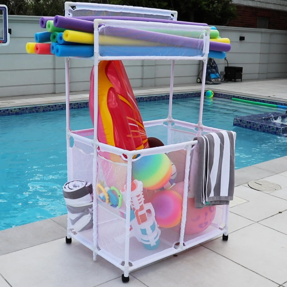 Pool Bins filled with toys and floats to show high-capacity convenience
