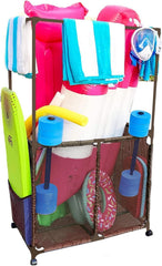 Pool Bins front view showing brown organizer and contained pool gear benefit organization