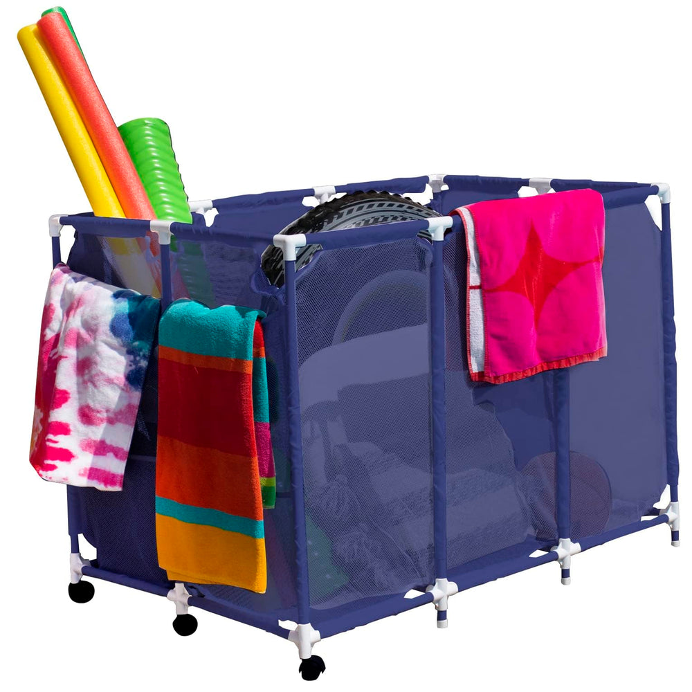 Pool Bins front view showing full organizer and tidy stored pool gear benefit