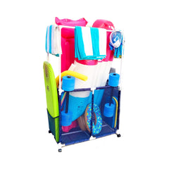 Pool Bins front view showing full organizer and tidy poolside benefit