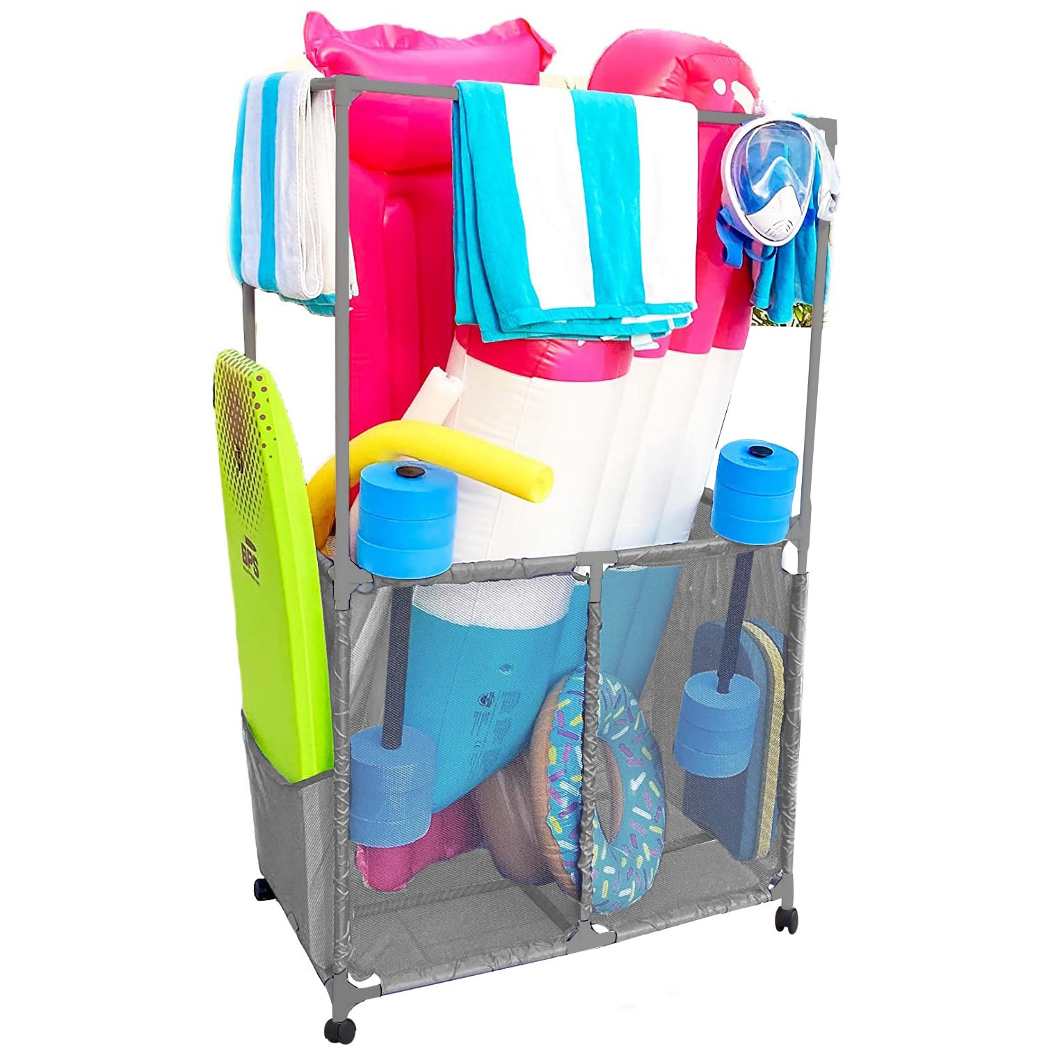 Pool Bins front view of gray organizer showing full storage and mobility benefit
