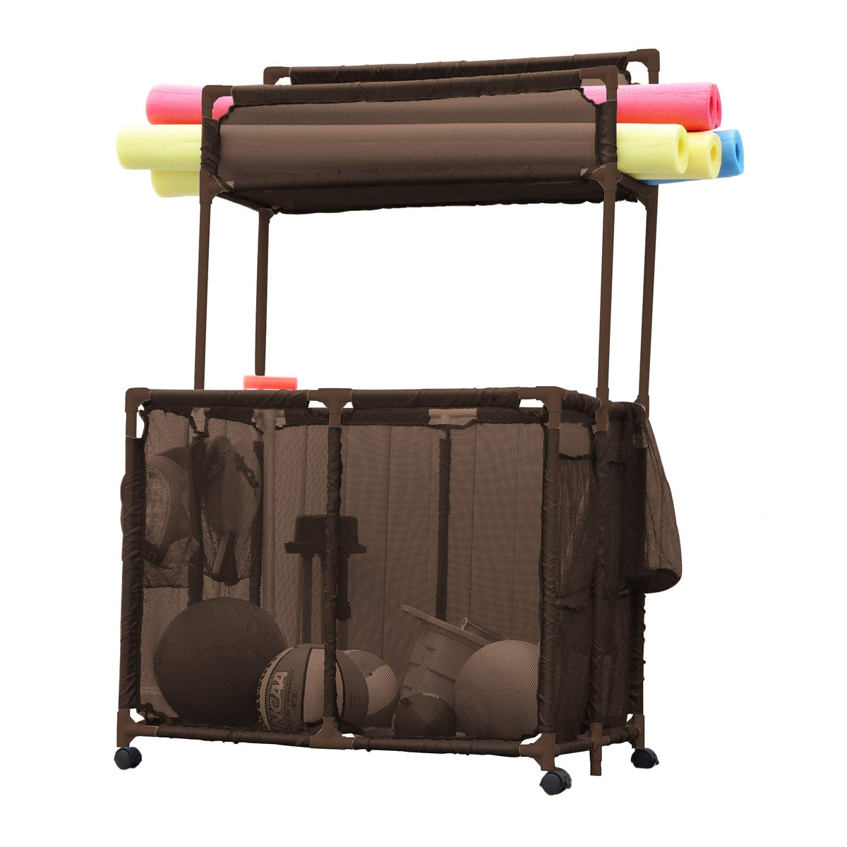 Pool Bins front view of large brown double decker organizer showing capacity and wheels for tidy storage