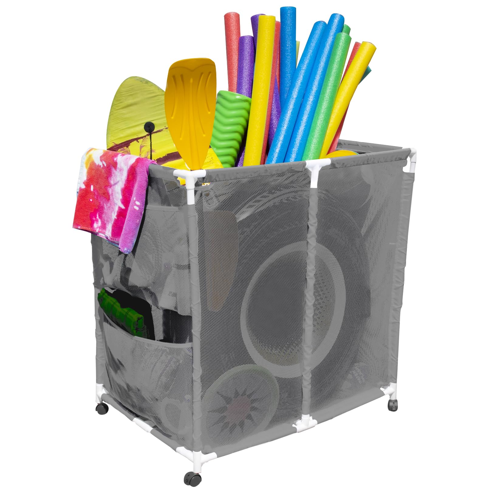 Pool Bins front view showing white mesh organizer and easy-access storage benefit